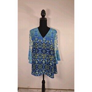 Tacera Women's Blouse Size S Blue Yellow Floral Arabesque Bell Sleeve Tunic